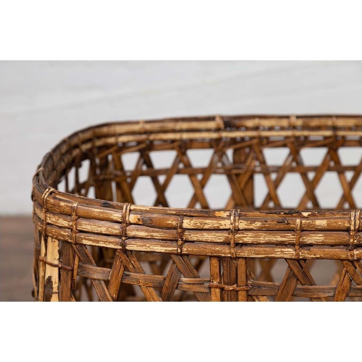 Large Vintage Thai Bamboo Fretwork Basket Raised on Short Feet, circa 1950-7. Asian &amp; Chinese Furniture, Art, Antiques, Vintage Home Décor for sale at FEA Home