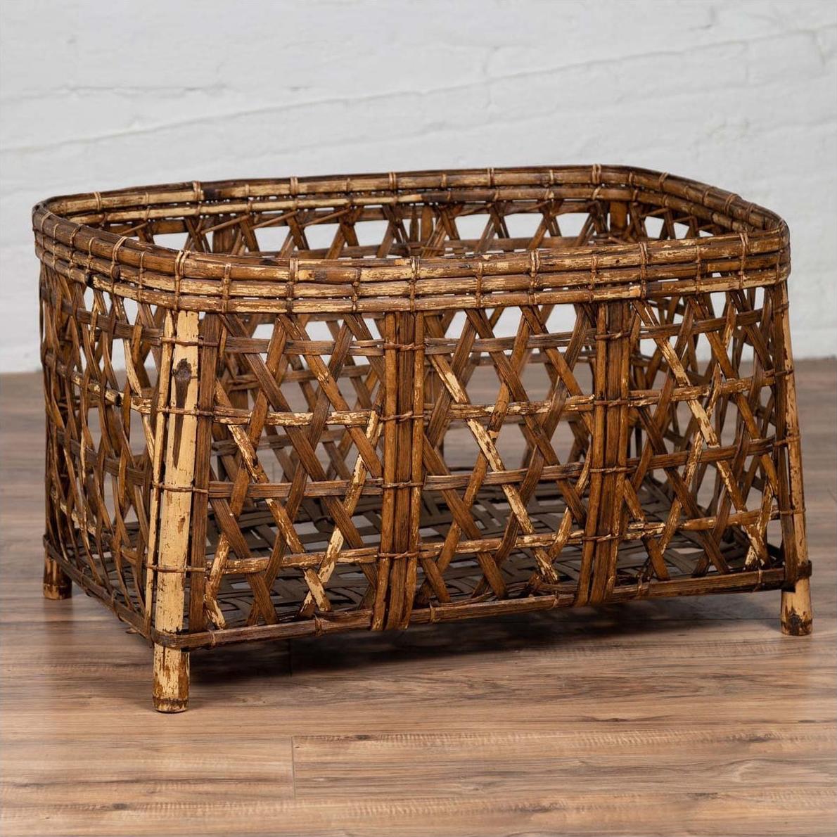 Large Vintage Thai Bamboo Fretwork Basket Raised on Short Feet, circa 1950-10. Asian &amp; Chinese Furniture, Art, Antiques, Vintage Home Décor for sale at FEA Home