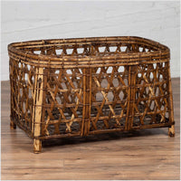 Large Vintage Thai Bamboo Fretwork Basket Raised on Short Feet, circa 1950