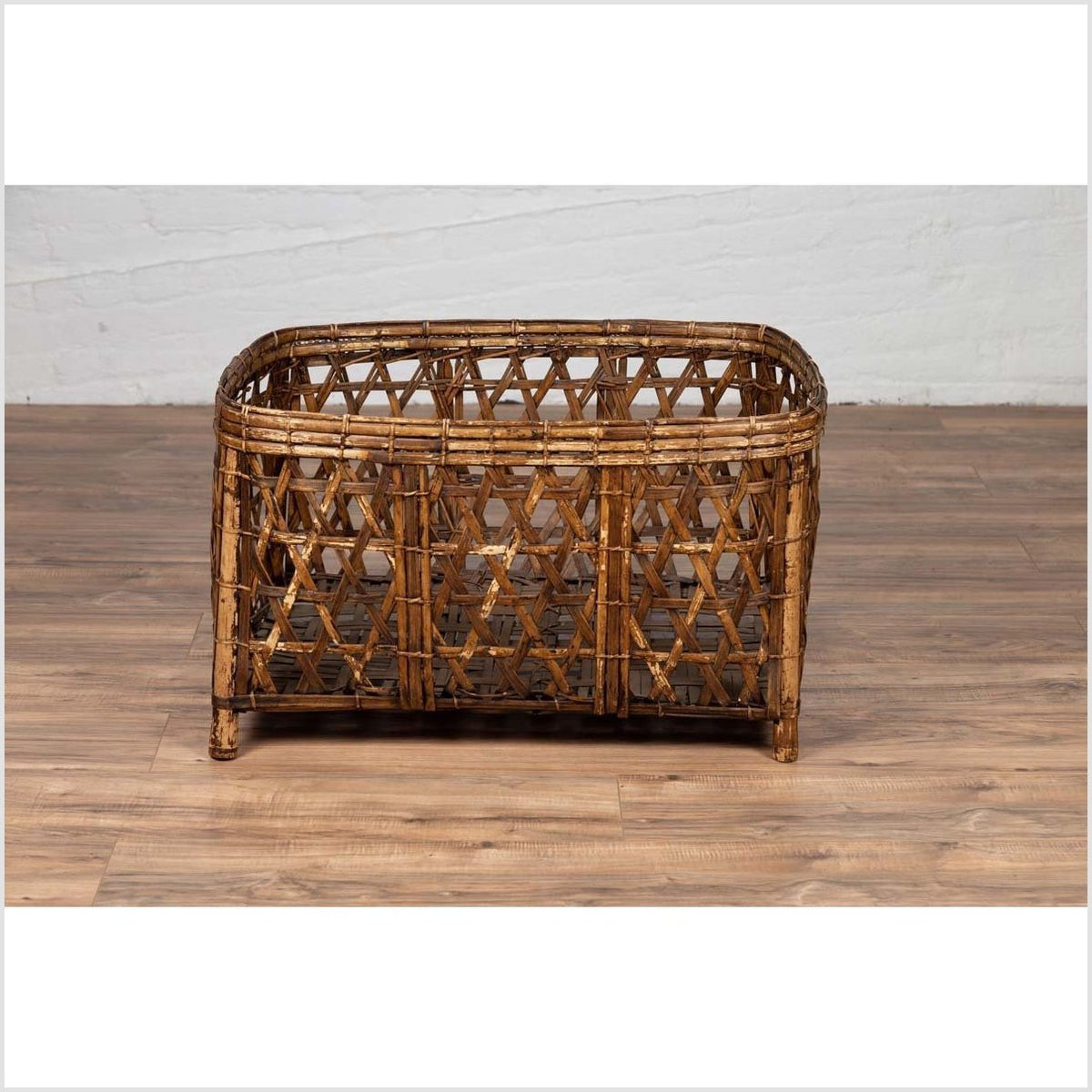 Large Vintage Thai Bamboo Fretwork Basket Raised on Short Feet, circa 1950-2. Asian & Chinese Furniture, Art, Antiques, Vintage Home Décor for sale at FEA Home