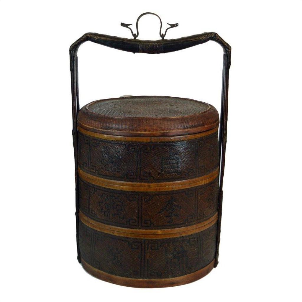 Brown wicker basket with lid, round and three-tiered, Chinese style, handle, intricate woven pattern, close-up.
