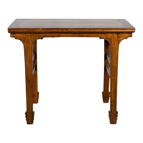 This-is-a-picture-of-a-Late Qing Dynasty Chinese Elm Wine Table with Carved Legs and Side Stretchers-with-image-position-1-style-YN2576-Shop-for-Vintage-and-Antique-Asian-and-Chinese-Furniture-for-sale-at-FEA Home-NYC