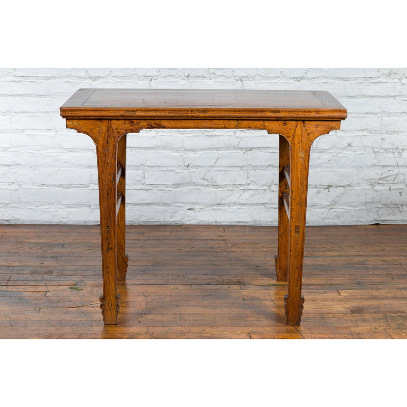 This-is-a-picture-of-a-Late Qing Dynasty Chinese Elm Wine Table with Carved Legs and Side Stretchers-with-image-position-13-style-YN2576-Shop-for-Vintage-and-Antique-Asian-and-Chinese-Furniture-for-sale-at-FEA Home-NYC
