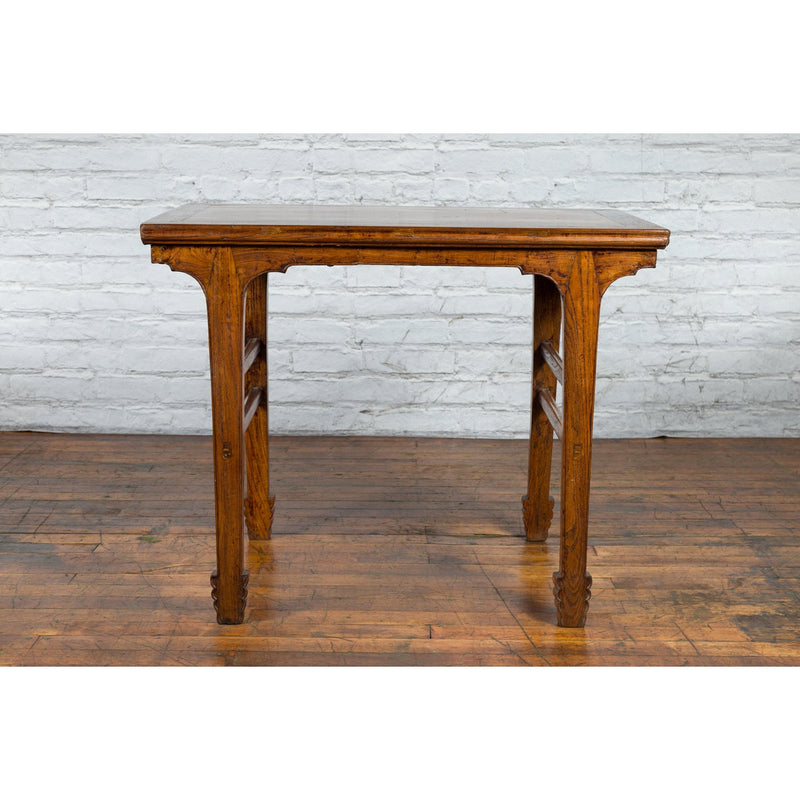 This-is-a-picture-of-a-Late Qing Dynasty Chinese Elm Wine Table with Carved Legs and Side Stretchers-with-image-position-2-style-YN2576-Shop-for-Vintage-and-Antique-Asian-and-Chinese-Furniture-for-sale-at-FEA Home-NYC