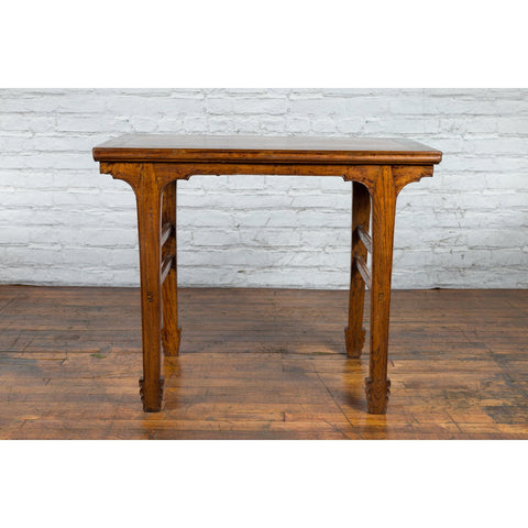 This-is-a-picture-of-a-Late Qing Dynasty Chinese Elm Wine Table with Carved Legs and Side Stretchers-with-image-position-2-style-YN2576-Shop-for-Vintage-and-Antique-Asian-and-Chinese-Furniture-for-sale-at-FEA Home-NYC