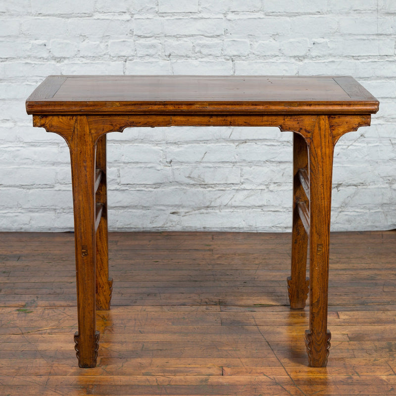 This-is-a-picture-of-a-Late Qing Dynasty Chinese Elm Wine Table with Carved Legs and Side Stretchers-with-image-position-3-style-YN2576-Shop-for-Vintage-and-Antique-Asian-and-Chinese-Furniture-for-sale-at-FEA Home-NYC