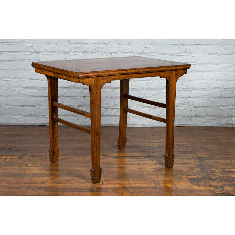 This-is-a-picture-of-a-Late Qing Dynasty Chinese Elm Wine Table with Carved Legs and Side Stretchers-with-image-position-4-style-YN2576-Shop-for-Vintage-and-Antique-Asian-and-Chinese-Furniture-for-sale-at-FEA Home-NYC