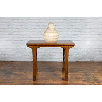 Late Qing Dynasty Chinese Elm Wine Table with Carved Legs and Side Stretchers