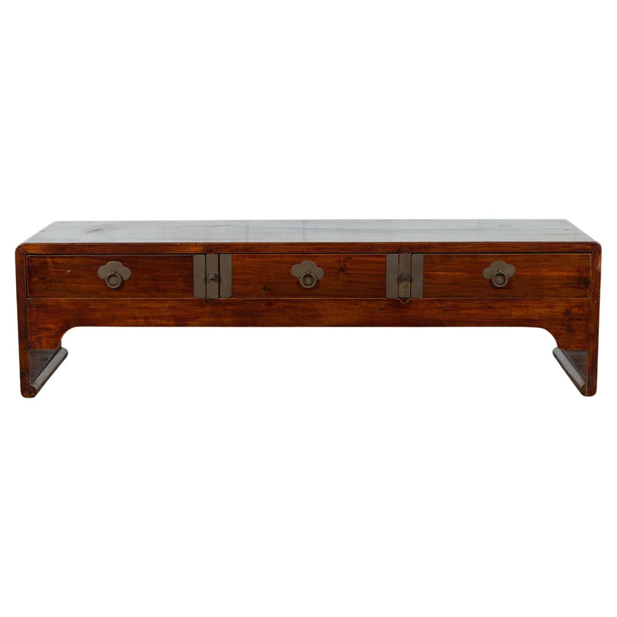 Late Qing Dynasty Chinese Low Kang Waterfall Table with Drawers and Brass Plates-1. Asian & Chinese Furniture, Art, Antiques, Vintage Home Décor for sale at FEA Home