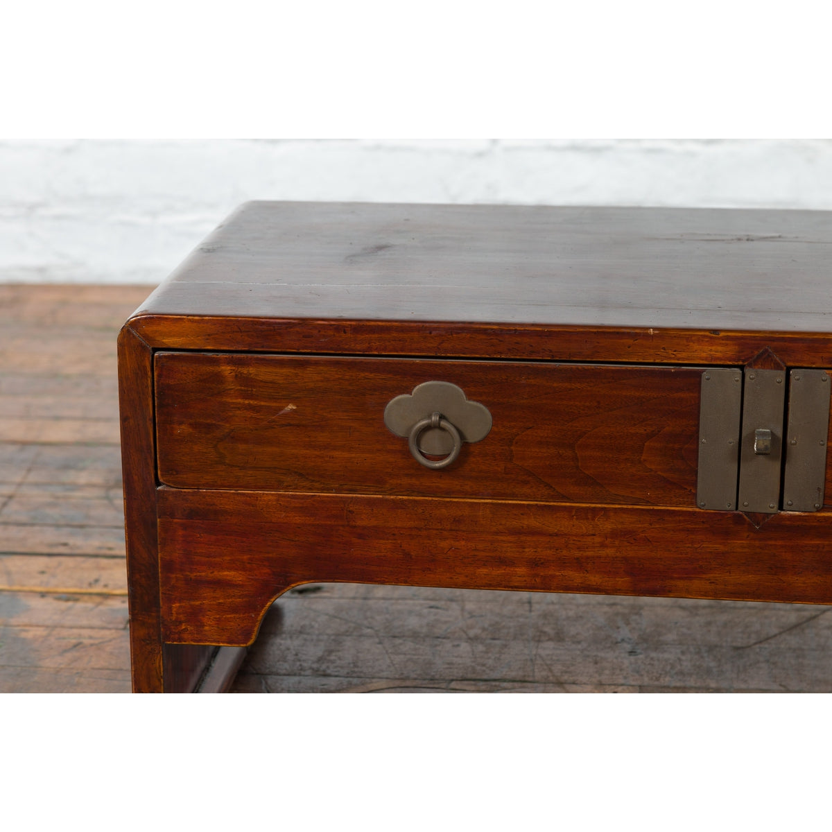Late Qing Dynasty Chinese Low Kang Waterfall Table with Drawers and Brass Plates-2. Asian & Chinese Furniture, Art, Antiques, Vintage Home Décor for sale at FEA Home