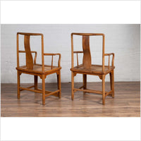 Ming Dynasty Style Wedding Armchairs with Curving Arms and Woven Rattan Seats