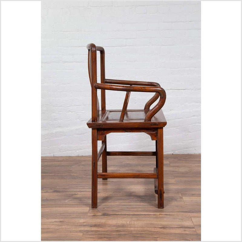 Ming Dynasty Style Wooden Wedding Chair with Carved Medallion and Curving Arms