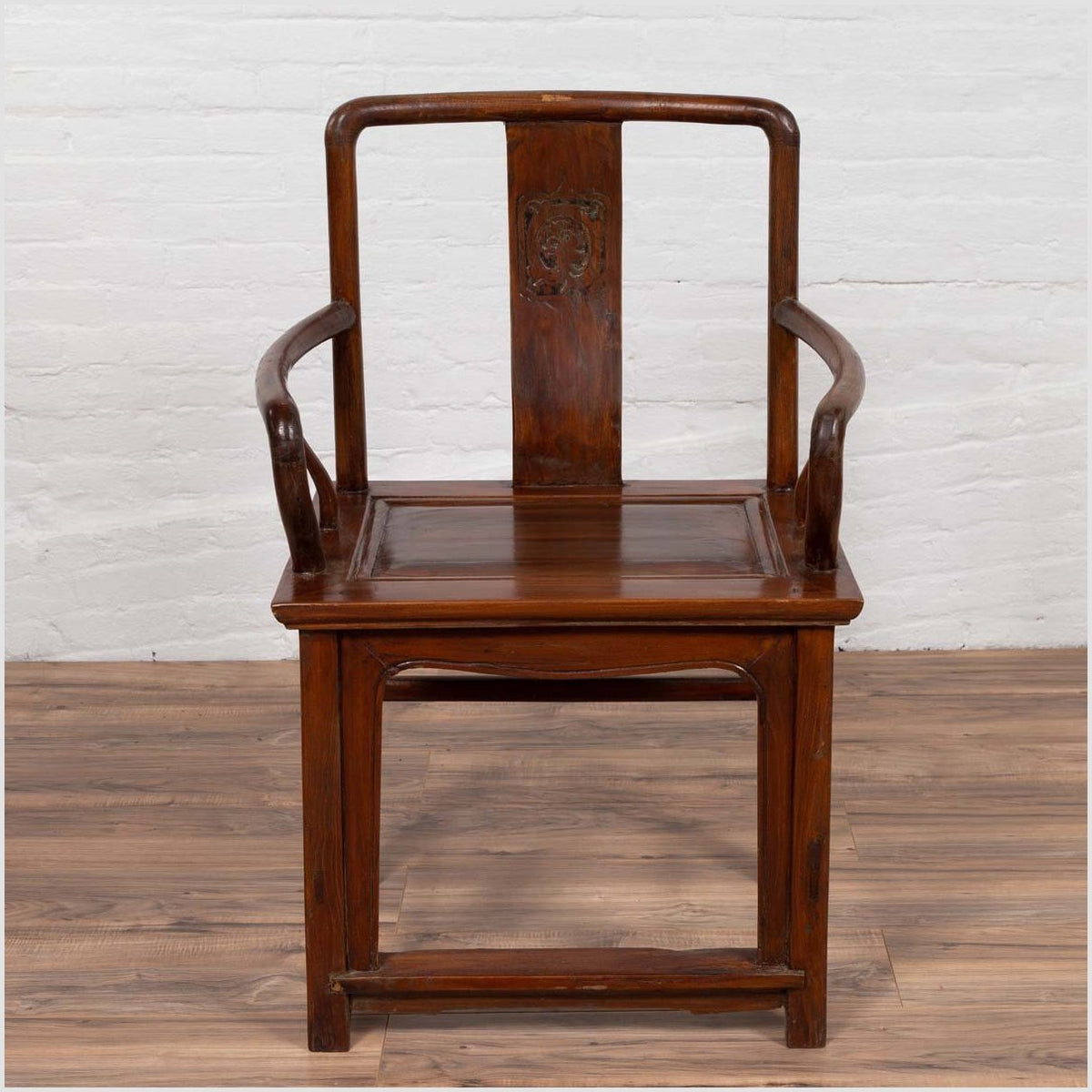 Ming Dynasty Style Wooden Wedding Chair with Carved Medallion and Curving Arms-2. Asian & Chinese Furniture, Art, Antiques, Vintage Home Décor for sale at FEA Home