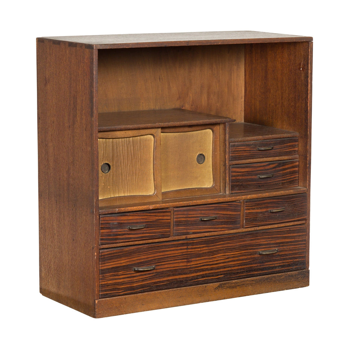 Miniature Japanese Taishō Period Zebra Wood Tansu Chest with Sliding Doors-1. Asian & Chinese Furniture, Art, Antiques, Vintage Home Décor for sale at FEA Home