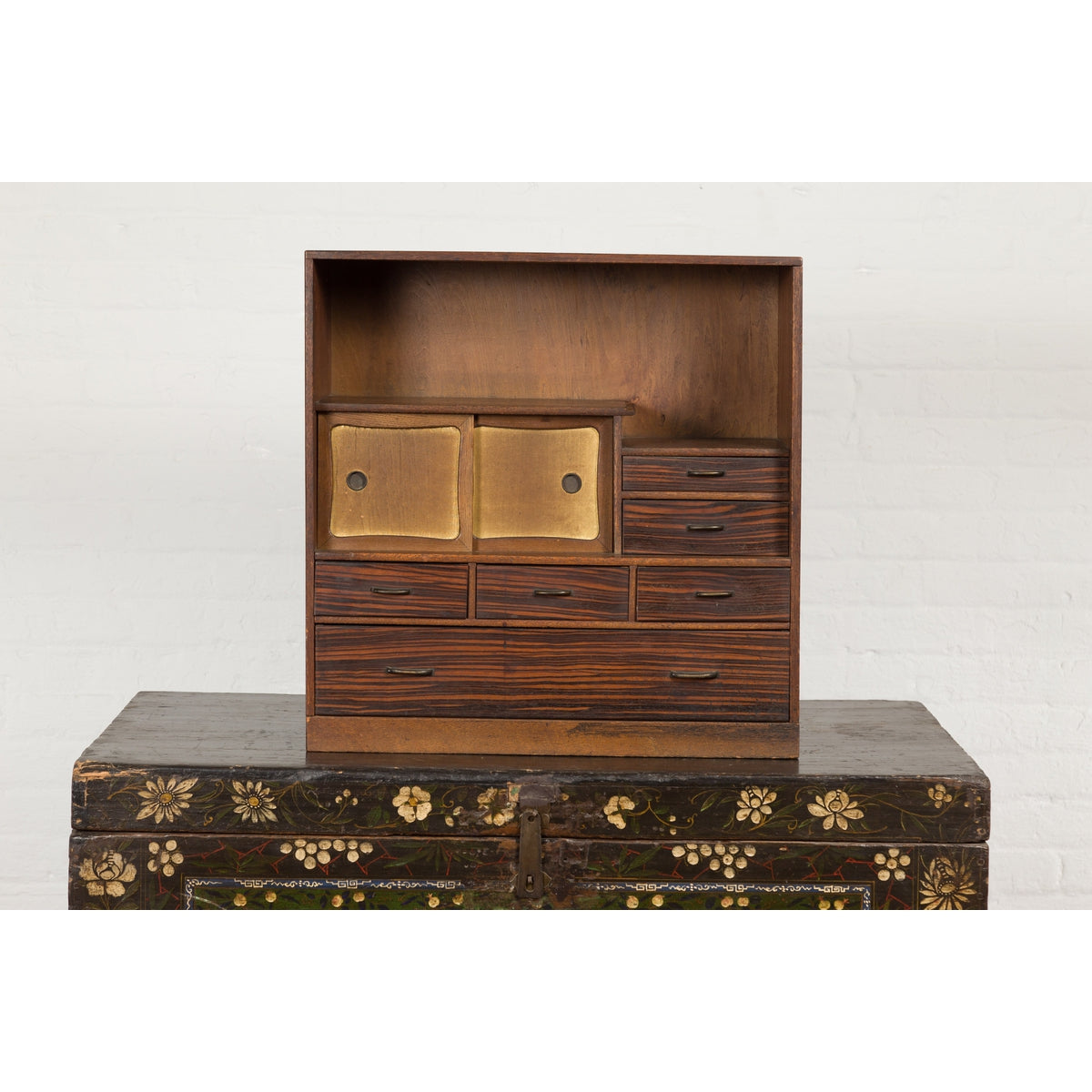 Miniature Japanese Taishō Period Zebra Wood Tansu Chest with Sliding Doors-2. Asian & Chinese Furniture, Art, Antiques, Vintage Home Décor for sale at FEA Home