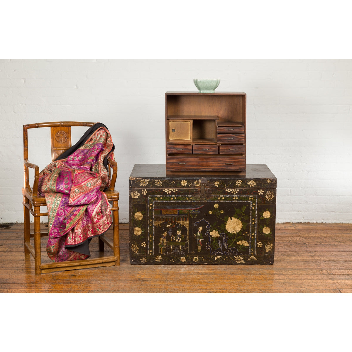 Miniature Japanese Taishō Period Zebra Wood Tansu Chest with Sliding Doors-4. Asian &amp; Chinese Furniture, Art, Antiques, Vintage Home Décor for sale at FEA Home