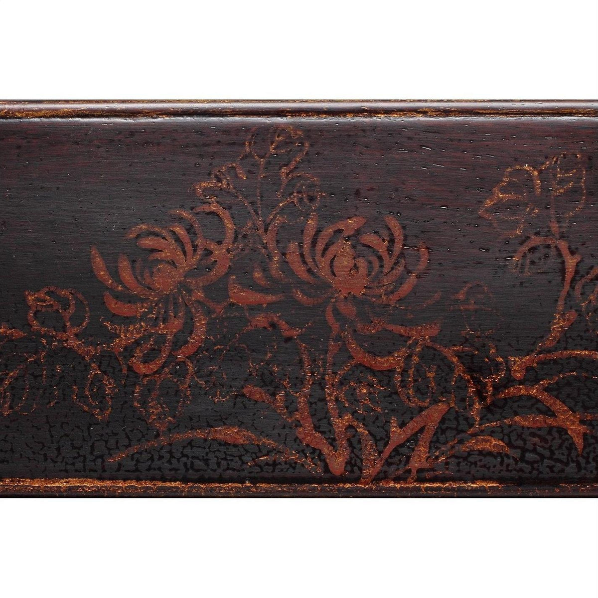 Dark wood mirror stand with black lacquer finish, etched chrysanthemum motif, and reddish-brown accents.
