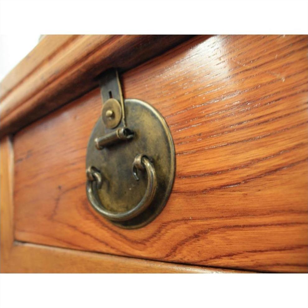 Close-up of brass ring pull handle on natural wood drawer with visible grain finish.