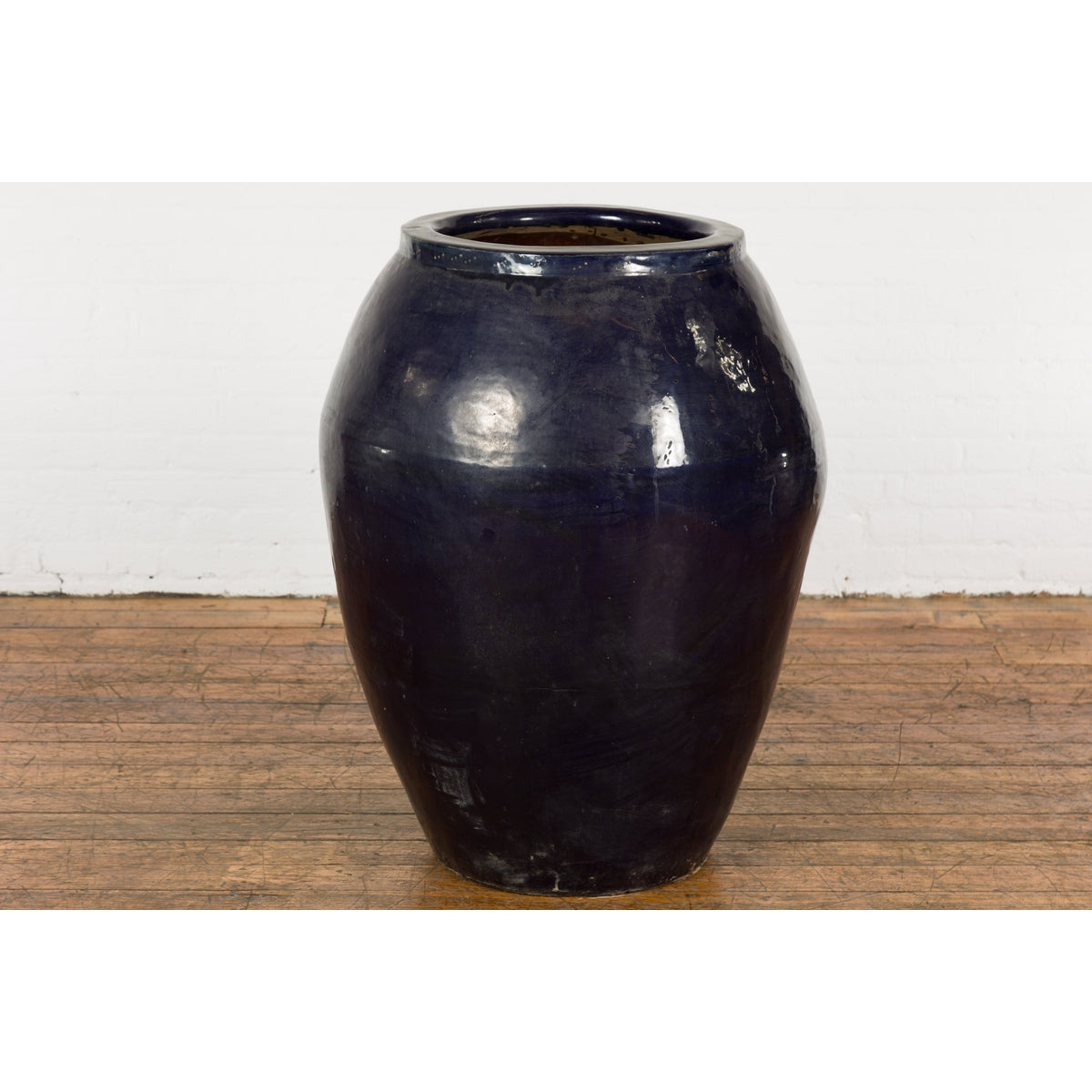 Oversized Vintage Thai Midnight Blue Glazed Water Vessel with Tapering Lines-2. Asian & Chinese Furniture, Art, Antiques, Vintage Home Décor for sale at FEA Home