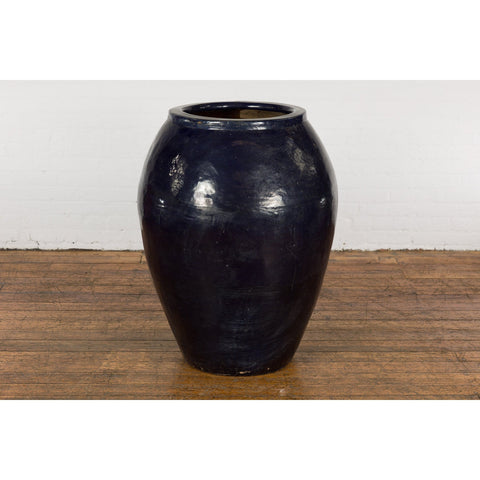 Oversized Vintage Thai Midnight Blue Glazed Water Vessel with Tapering Lines
