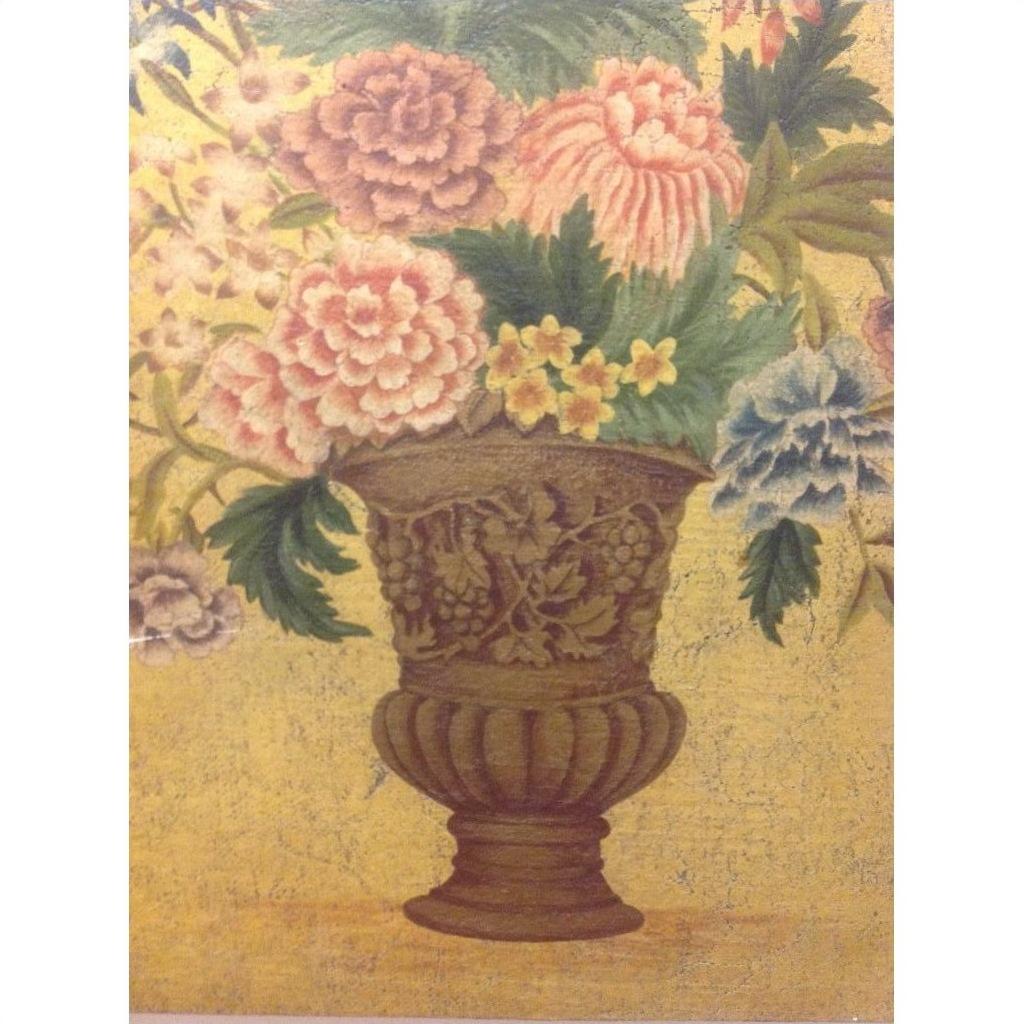 Colorful carved urn vase with assorted flowers, set against a vibrant yellow background, close-up painting view.