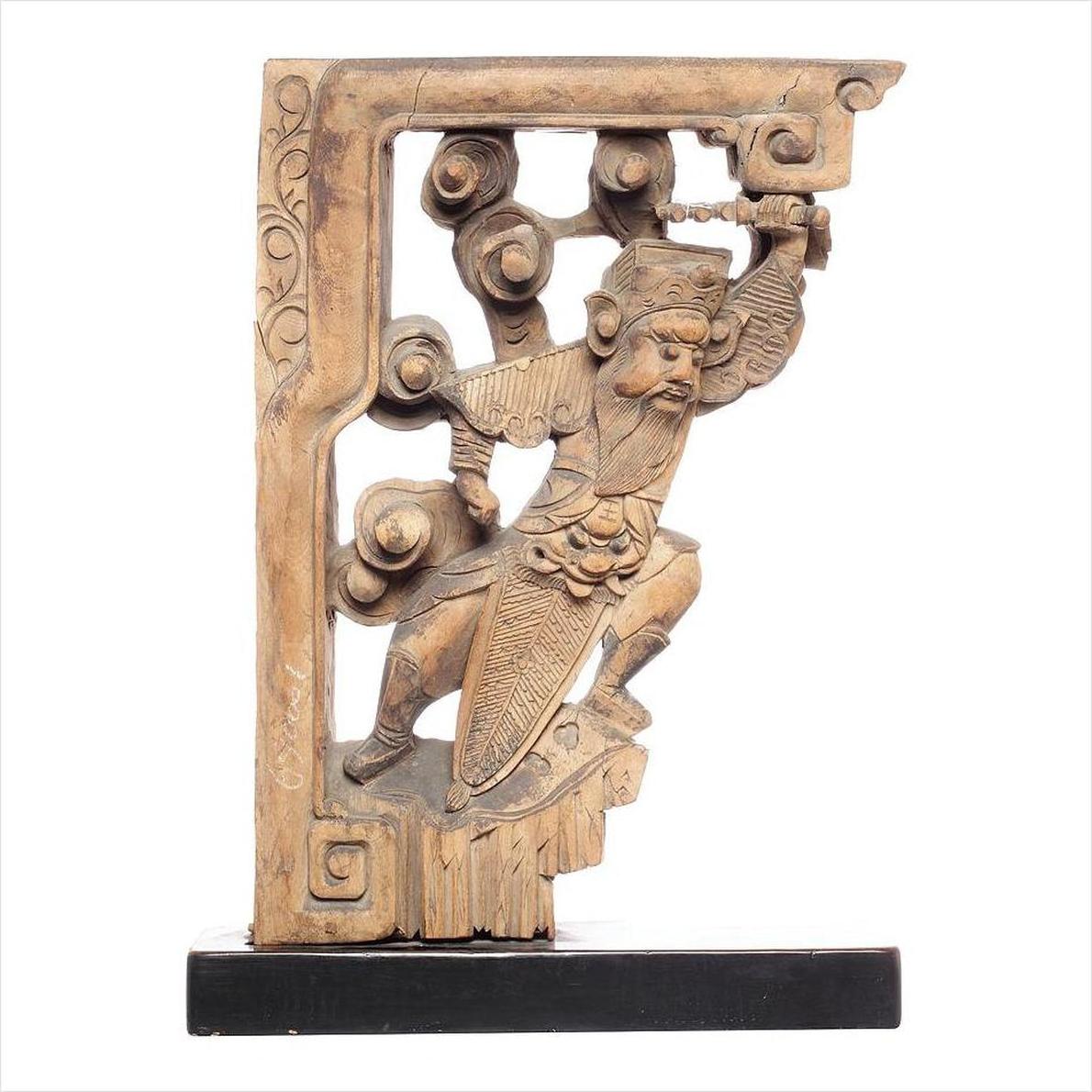Black wood hand-carved 18th century Chinese temple corbels with angular frames and carved characters, on black bases.