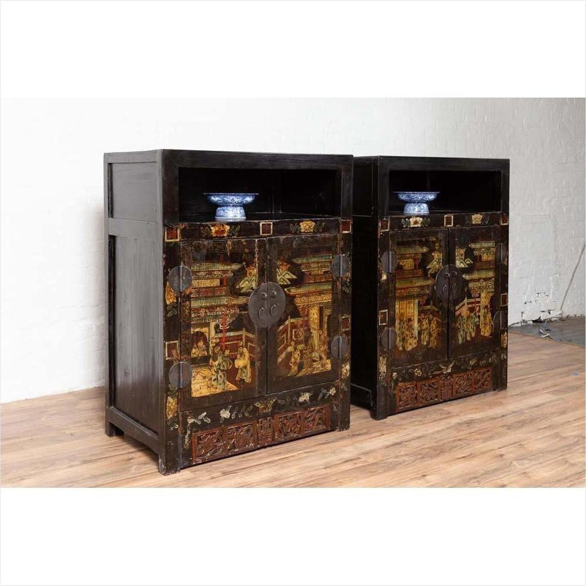Pair of Antique Chinese Display Cabinets with Hand Painted Chinoiserie Motifs-13. Asian &amp; Chinese Furniture, Art, Antiques, Vintage Home Décor for sale at FEA Home