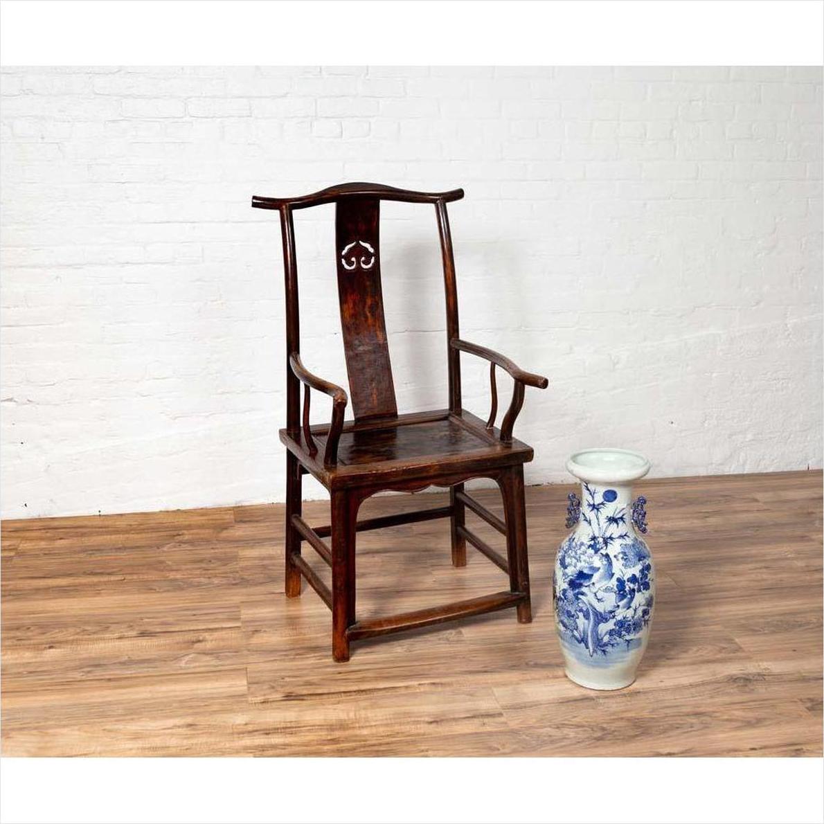 Pair of Chinese 1880s Official's Hat Chairs with Pierced Splats and Curving Arms-11. Asian &amp; Chinese Furniture, Art, Antiques, Vintage Home Décor for sale at FEA Home