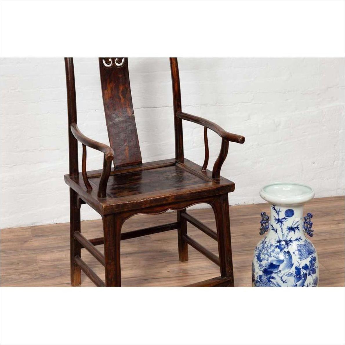Pair of Chinese 1880s Official's Hat Chairs with Pierced Splats and Curving Arms-13. Asian &amp; Chinese Furniture, Art, Antiques, Vintage Home Décor for sale at FEA Home