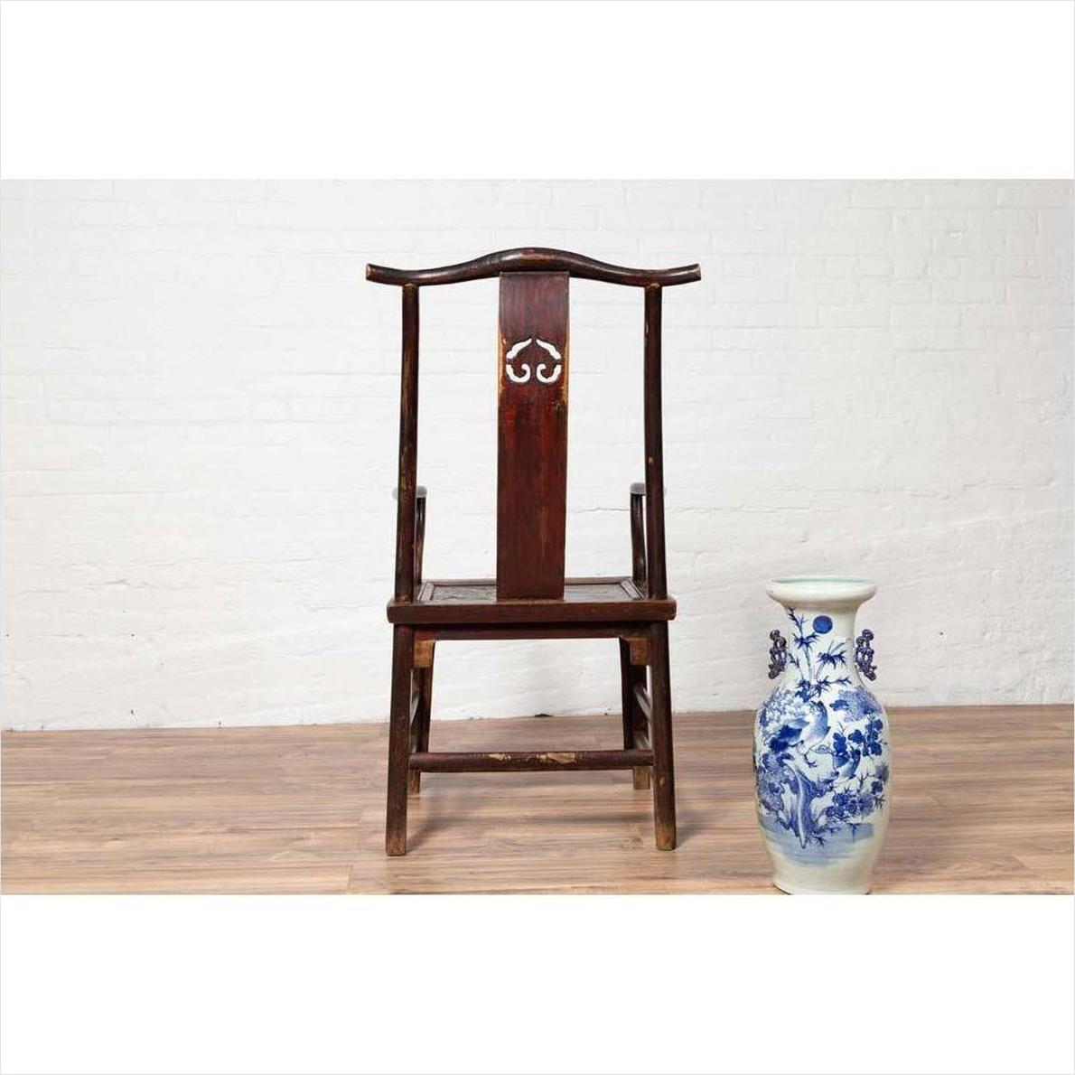 Pair of Chinese 1880s Official's Hat Chairs with Pierced Splats and Curving Arms-14. Asian &amp; Chinese Furniture, Art, Antiques, Vintage Home Décor for sale at FEA Home