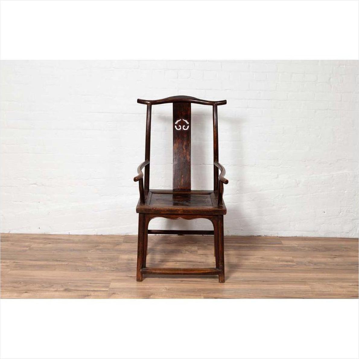 Pair of Chinese 1880s Official's Hat Chairs with Pierced Splats and Curving Arms-15. Asian &amp; Chinese Furniture, Art, Antiques, Vintage Home Décor for sale at FEA Home