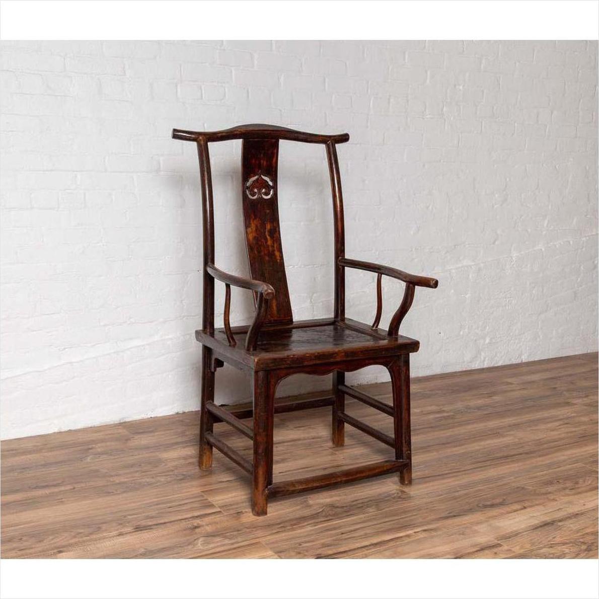 Pair of Chinese 1880s Official's Hat Chairs with Pierced Splats and Curving Arms-6. Asian &amp; Chinese Furniture, Art, Antiques, Vintage Home Décor for sale at FEA Home