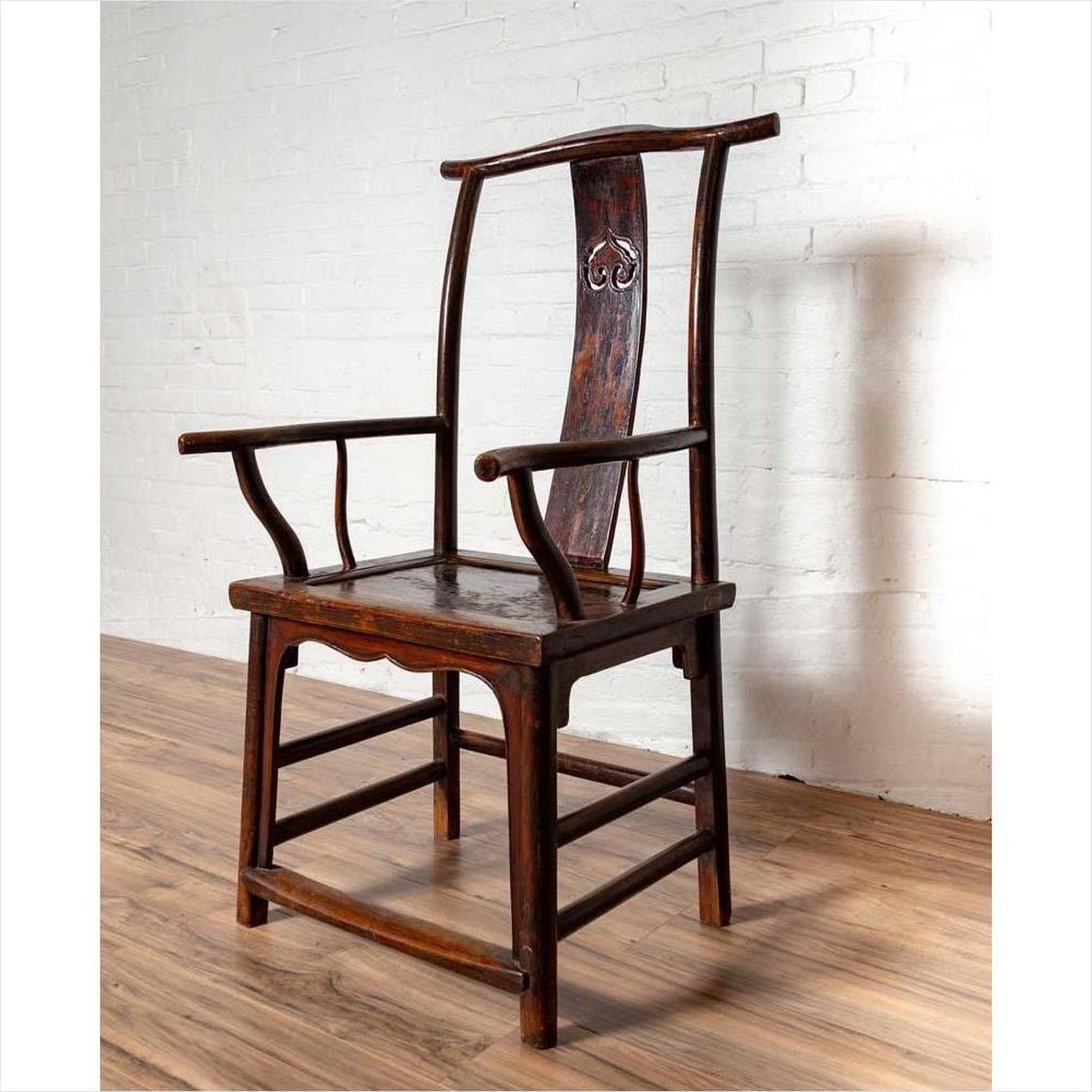 Pair of Chinese 1880s Official's Hat Chairs with Pierced Splats and Curving Arms-8. Asian &amp; Chinese Furniture, Art, Antiques, Vintage Home Décor for sale at FEA Home