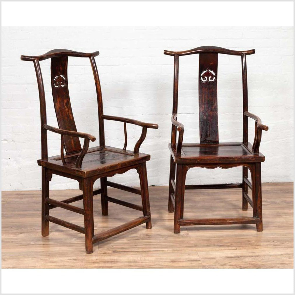 Pair of Chinese 1880s Official's Hat Chairs with Pierced Splats and Curving Arms-2. Asian & Chinese Furniture, Art, Antiques, Vintage Home Décor for sale at FEA Home