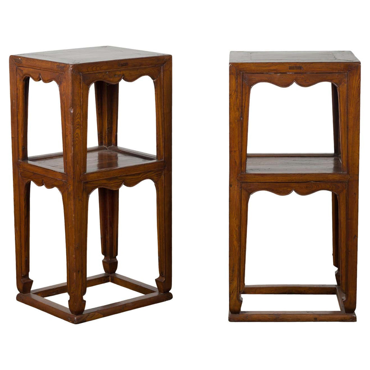 Pair of Chinese Late Qing Dynasty Tiered Lamp Tables with Carved Aprons-1. Asian & Chinese Furniture, Art, Antiques, Vintage Home Décor for sale at FEA Home