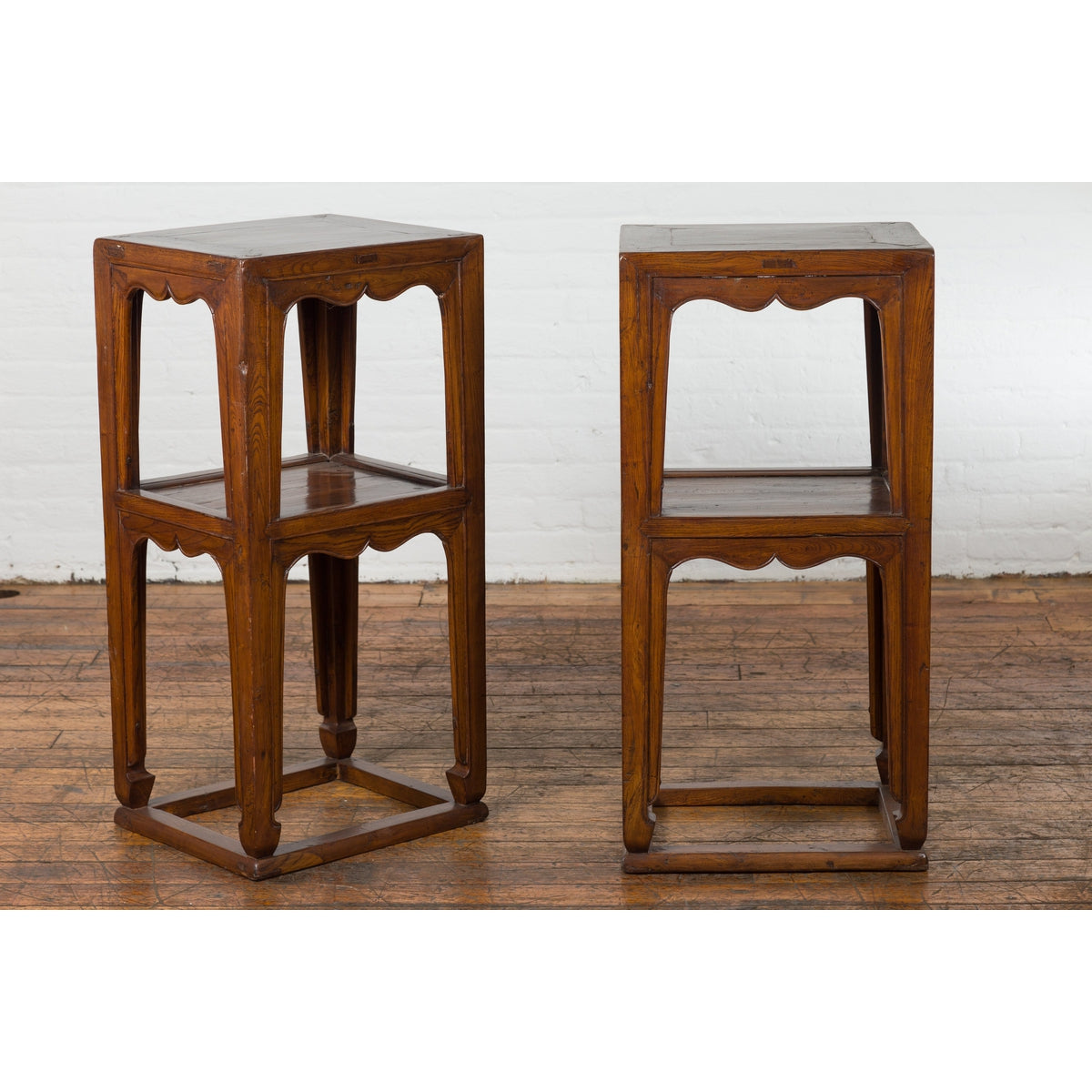 Pair of Chinese Late Qing Dynasty Tiered Lamp Tables with Carved Aprons-10. Asian &amp; Chinese Furniture, Art, Antiques, Vintage Home Décor for sale at FEA Home