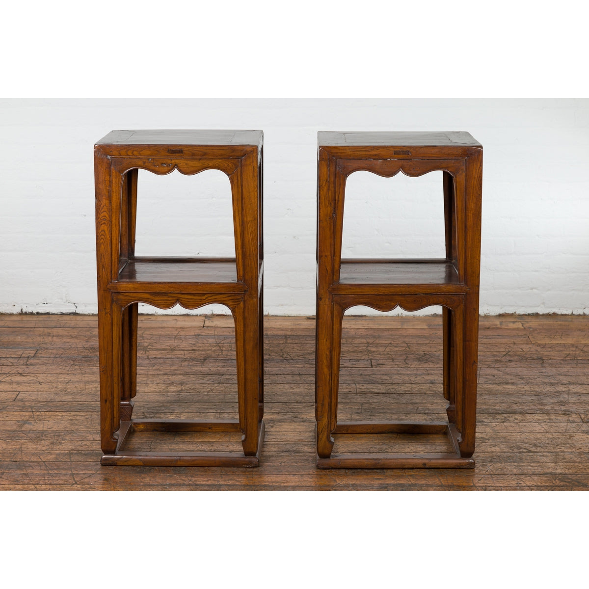 Pair of Chinese Late Qing Dynasty Tiered Lamp Tables with Carved Aprons-2. Asian & Chinese Furniture, Art, Antiques, Vintage Home Décor for sale at FEA Home