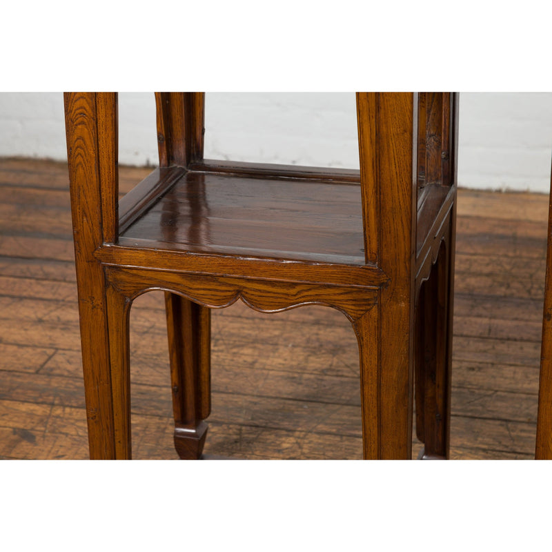 Pair of Chinese Late Qing Dynasty Tiered Lamp Tables with Carved Aprons-7. Asian & Chinese Furniture, Art, Antiques, Vintage Home Décor for sale at FEA Home