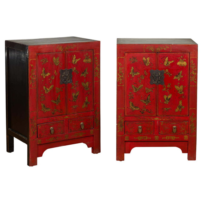 Pair of Chinese Qing Dynasty Red Lacquer Bedside Cabinets with Butterfly Décor-YN1742-1. Asian & Chinese Furniture, Art, Antiques, Vintage Home Décor for sale at FEA Home