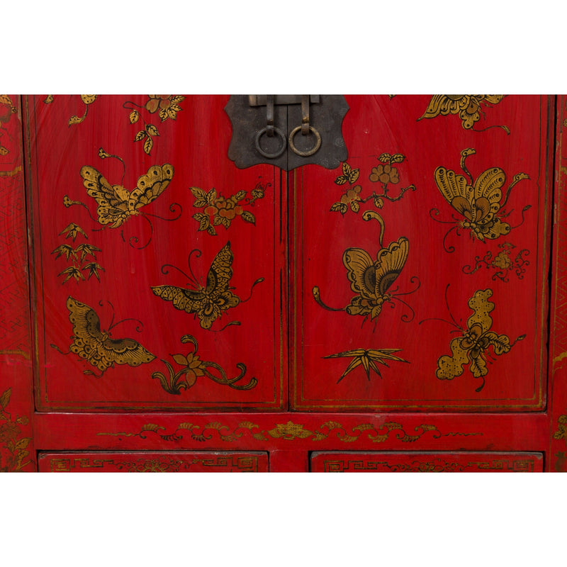 Pair of Chinese Qing Dynasty Red Lacquer Bedside Cabinets with Butterfly Décor-YN1742-10. Asian & Chinese Furniture, Art, Antiques, Vintage Home Décor for sale at FEA Home