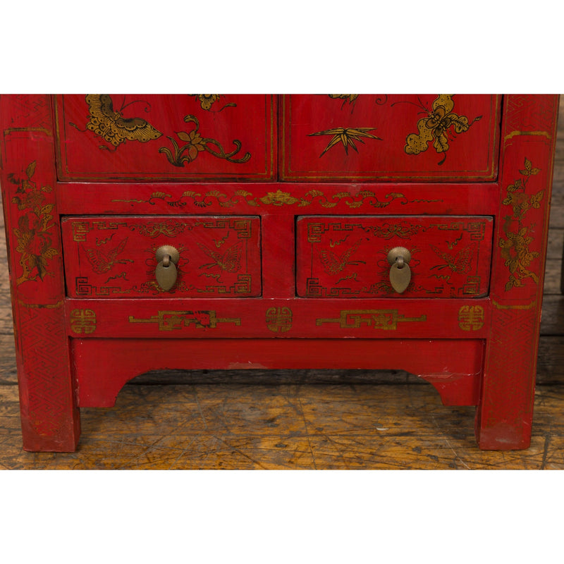 Pair of Chinese Qing Dynasty Red Lacquer Bedside Cabinets with Butterfly Décor-YN1742-11. Asian & Chinese Furniture, Art, Antiques, Vintage Home Décor for sale at FEA Home