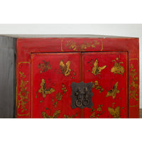 Pair of Chinese Qing Dynasty Red Lacquer Bedside Cabinets with Butterfly Décor