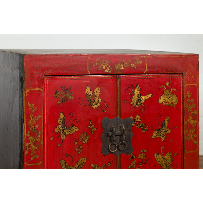 Pair of Chinese Qing Dynasty Red Lacquer Bedside Cabinets with Butterfly Décor-YN1742-12. Asian & Chinese Furniture, Art, Antiques, Vintage Home Décor for sale at FEA Home