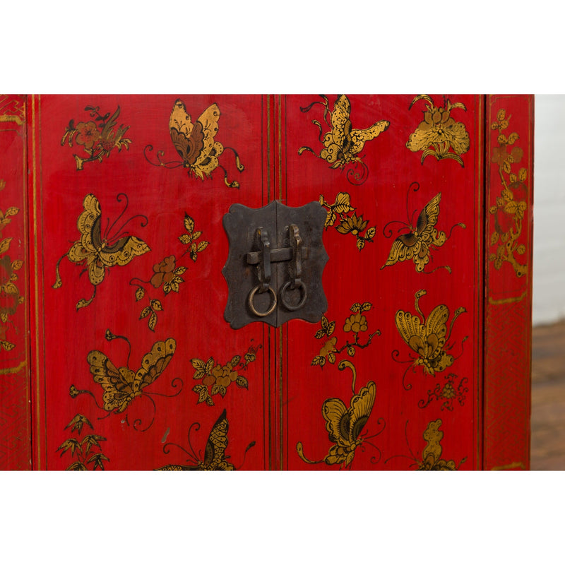 Pair of Chinese Qing Dynasty Red Lacquer Bedside Cabinets with Butterfly Décor-YN1742-13. Asian & Chinese Furniture, Art, Antiques, Vintage Home Décor for sale at FEA Home