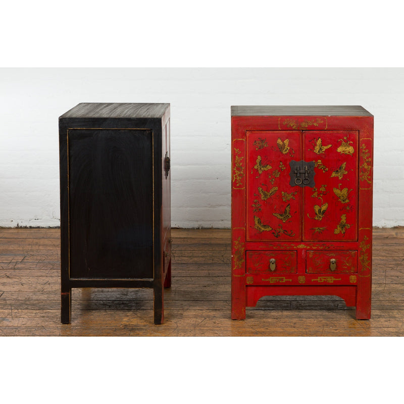 Pair of Chinese Qing Dynasty Red Lacquer Bedside Cabinets with Butterfly Décor-YN1742-16. Asian & Chinese Furniture, Art, Antiques, Vintage Home Décor for sale at FEA Home