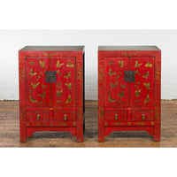 Pair of Chinese Qing Dynasty Red Lacquer Bedside Cabinets with Butterfly Décor