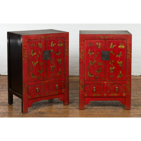Pair of Chinese Qing Dynasty Red Lacquer Bedside Cabinets with Butterfly Décor-YN1742-3. Asian & Chinese Furniture, Art, Antiques, Vintage Home Décor for sale at FEA Home
