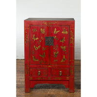 Pair of Chinese Qing Dynasty Red Lacquer Bedside Cabinets with Butterfly Décor