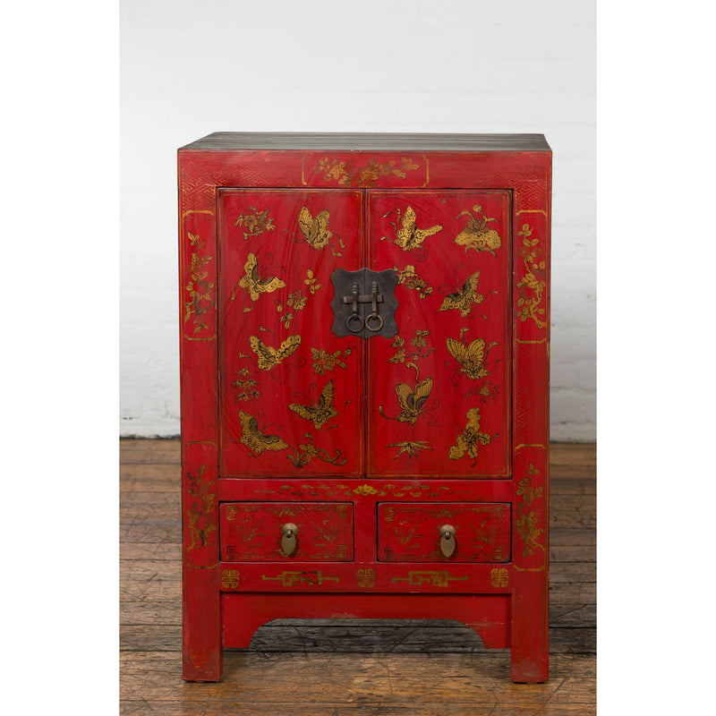 Pair of Chinese Qing Dynasty Red Lacquer Bedside Cabinets with Butterfly Décor-YN1742-4. Asian & Chinese Furniture, Art, Antiques, Vintage Home Décor for sale at FEA Home