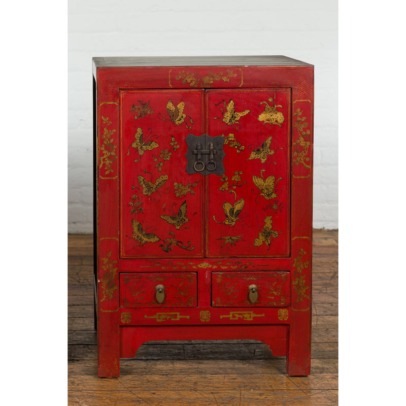 Pair of Chinese Qing Dynasty Red Lacquer Bedside Cabinets with Butterfly Décor-YN1742-5. Asian & Chinese Furniture, Art, Antiques, Vintage Home Décor for sale at FEA Home